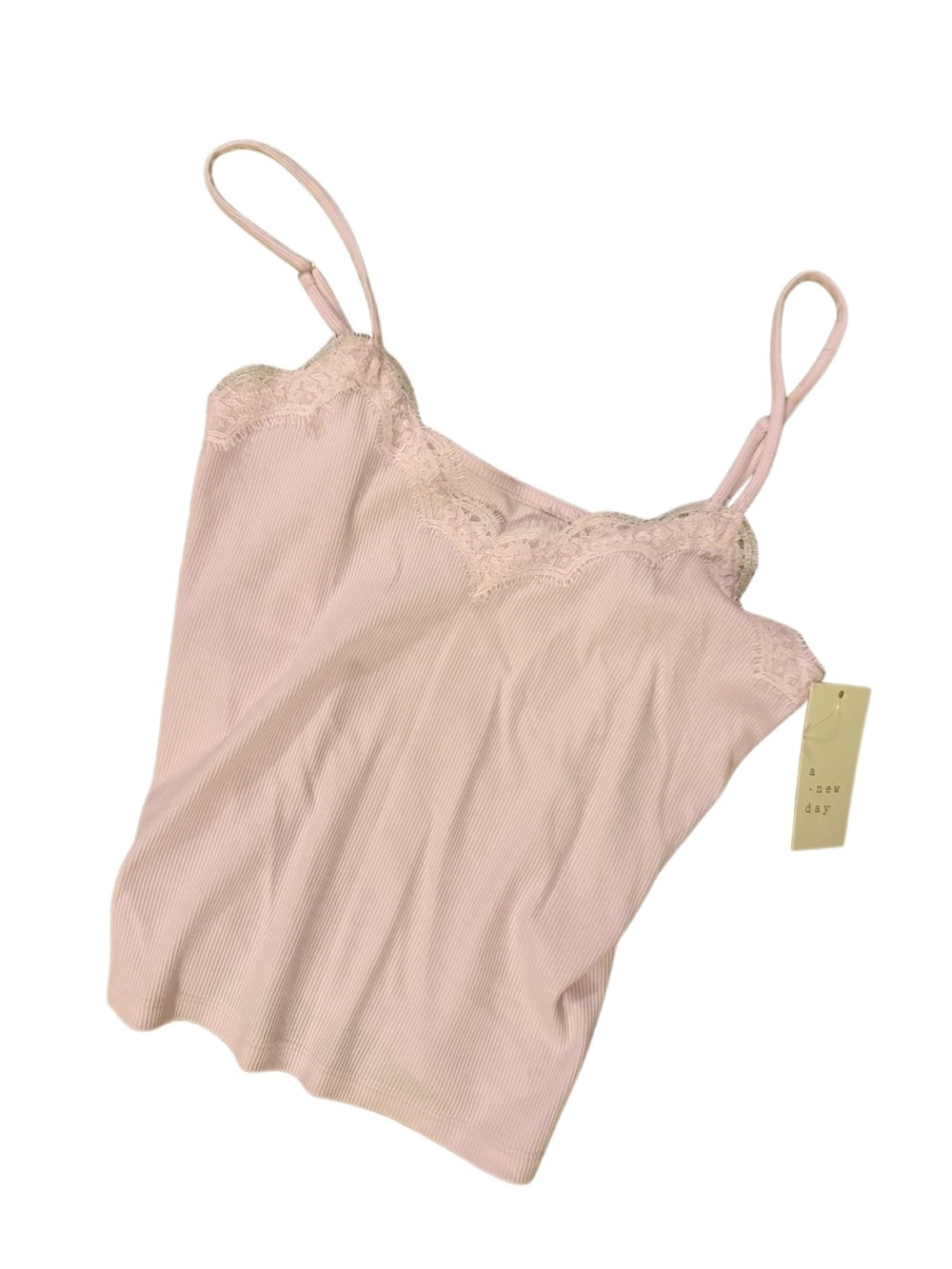 New a new day Light Pink Lace-Trim Cami Tank Top - Women ribbed Sz small